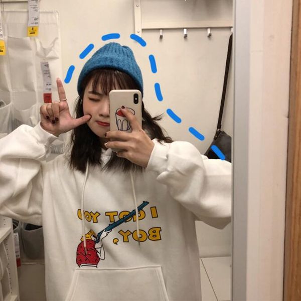 

new long sleeve cartoon letter print hooded sweatshirt, Black