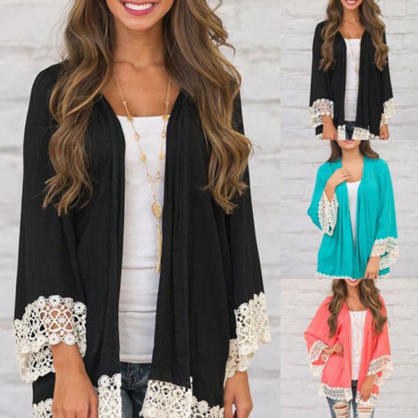 

new fashion chiffon lace coat women cardigan lace shawl open cape casual coat lady autumn casual loose kimono jacket size s-xl, Black;brown