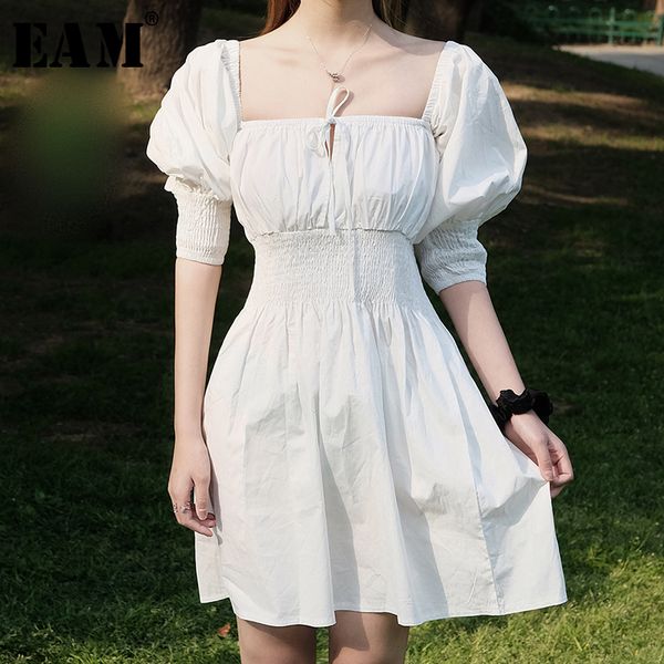 

eam] women white pleated stitch temperament dress new square half puff sleeve loose fit fashion tide spring summer 2020 1w036, Black;gray