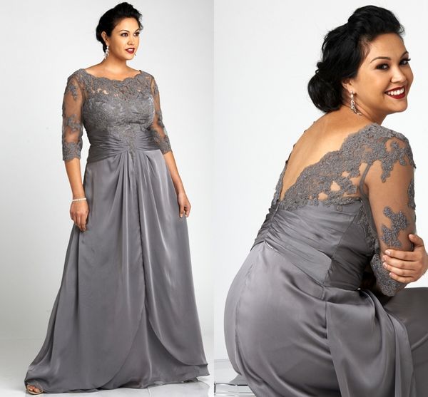 

custom popular style plus size gray mother of the bride dresses 3/4 sleeve scoop neck lace chiffon floor length formal gowns, Black;red