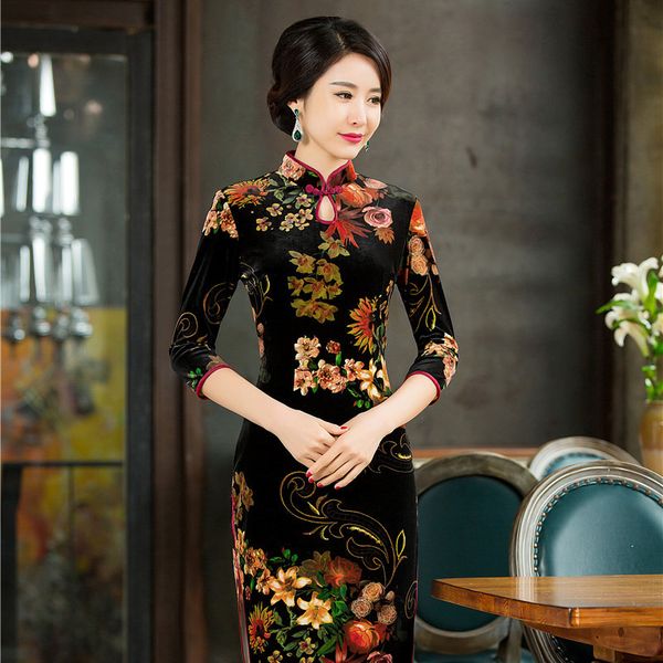 Style Chinois pour Femme Robe Traditionnelle en Velours /à Manches Longues