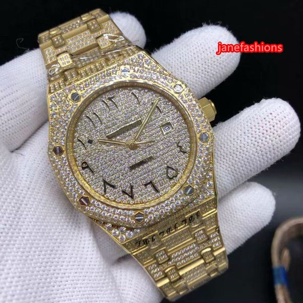 Relógios quentes dos homens completos do diamante dourado Relógios mecânicos automatizados superiores da forma do diamante da forma árabe da escala da arábia