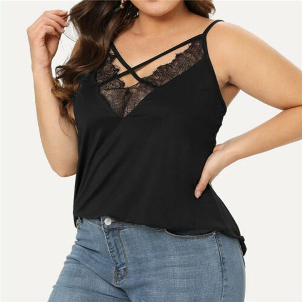 

plus size women v neck vest sleeveless shirt blouse casual tank ladies patchwork lace casual, White