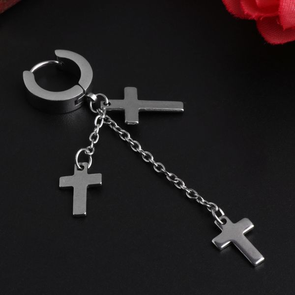 

silver color stainless steel earring hoop with chain tassel cross dangle earing
