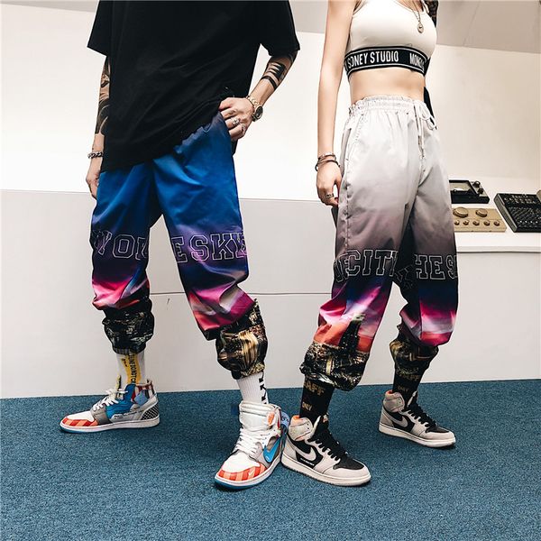 

2019 summer color gradient harem pants men's women high street urban print nine pants harajuku fashion youth trousers, Black