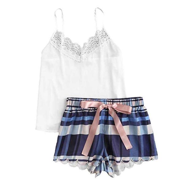 

youyedian women's fashion girls cute slim sleepwear underwear nightwear female lace lattice printed short paiamas charming#y50, Blue;gray