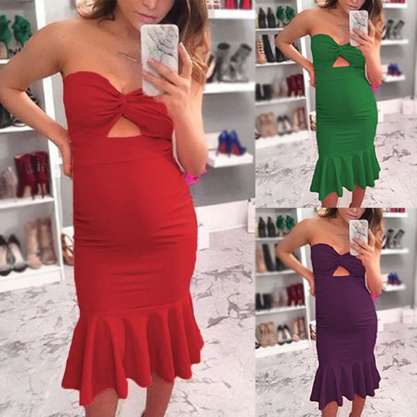 

2019 the new women maternity strapless solid color bodycon midi dress, White