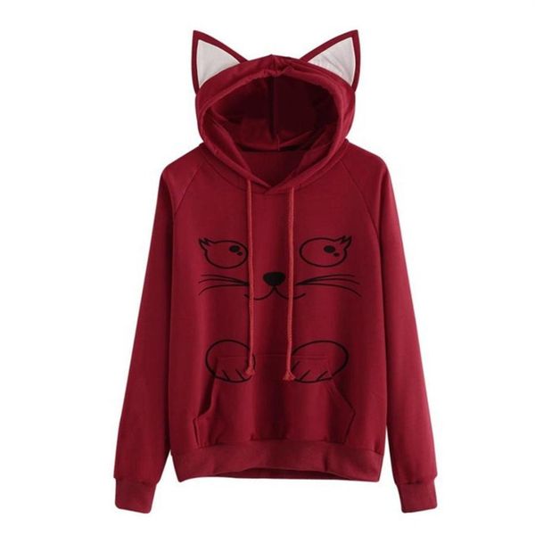 

loose women hooded jacket cute kitten print sportswear hoodies pullover, Black