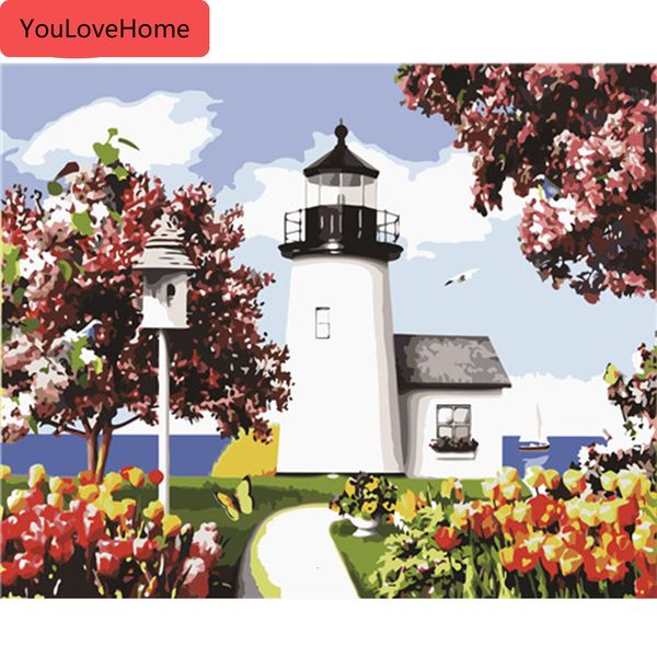 

painting by numbers lighthouse landscape kits drawing canvas handpainted pictures coloring art gift home decoration