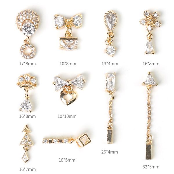 

2 pieces water drop crystal dangle chain charms nail jewelry decorations 6 type luxury zircon crystal rhinestones for nails, Silver;gold