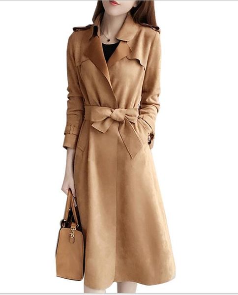 

2020 spring new women trench coat casual fashion coat elegant slim solid lace up lapel long suede outerwear female windbreaker, Tan;black