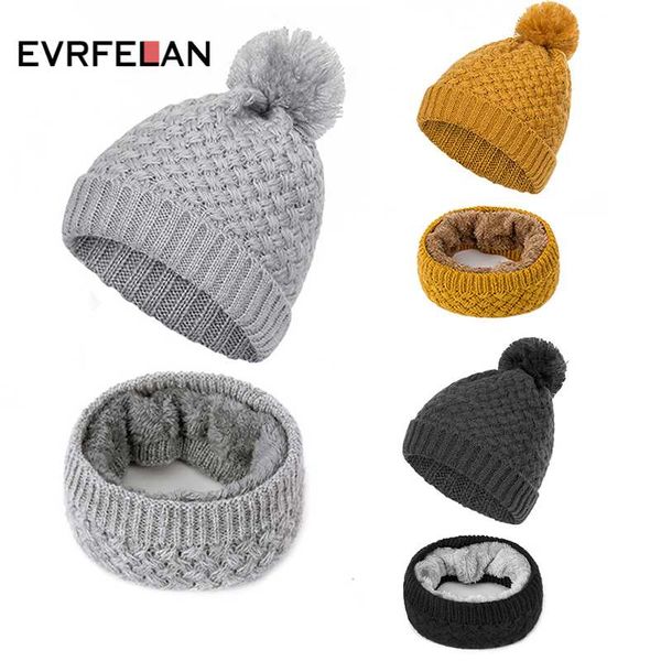

evrfelan winter warm women's beanie hat solid color skullies beanies hat pompom female plus velvet ring scarf, Blue;gray