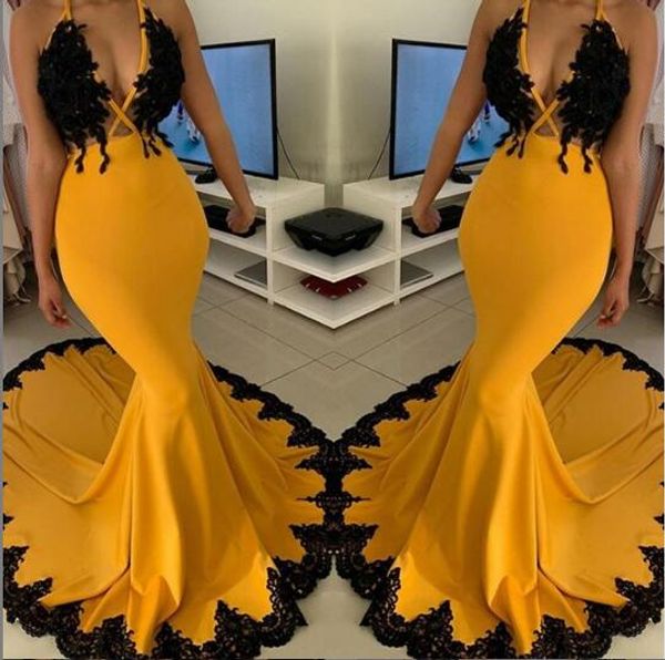 Желтые сексуальные русалки V шеи выпускные платья длинные Vestidos de Dama de Chore BrideMaids платья простые дизайны Party Prom платья кружевной аппликации