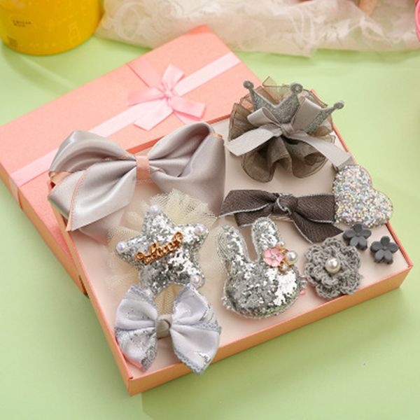 

children's hair clip ten piece hair accessories bow girl bangs set, Slivery;white