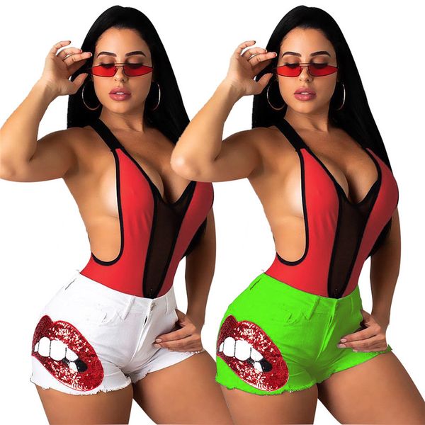 

Summer Womens Short Sequins Jeans Fashion Designer Big Mouth Printed Short Jeans Female Designer Skinny Pants