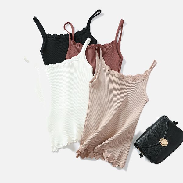 

womens knitted ribbed tank crop sleeveless solid hollow out vest camisole female 2019 spring wave cut cami women, White