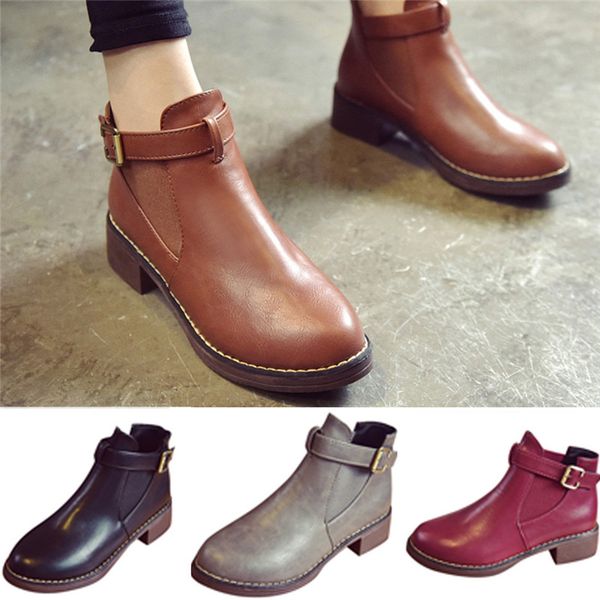 

women's mid-heel ankle boots women's belt buckle short tube round head boots non-slip ankle short round head, Black