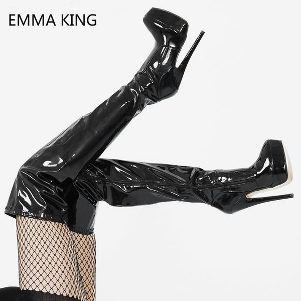 

black 5cm platform shoes woman over the knee long boots patent leather fashion stretch thigh high ladies boots 35-43 female