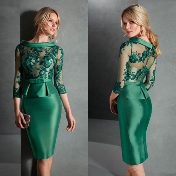 

2019 Fashionable Green Mother of the Bride Dresses Jewel Neck Long Sleeves Lace Appliqued Evening Gowns Knee Length Wedding Guest Dress