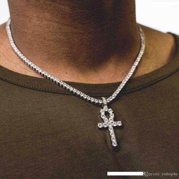 

mens bling iced out cz egyptian ankh key pendant necklace hip hop cubic zirconia rhinestones cuba link chain men jewelry necklace &pendant, Silver