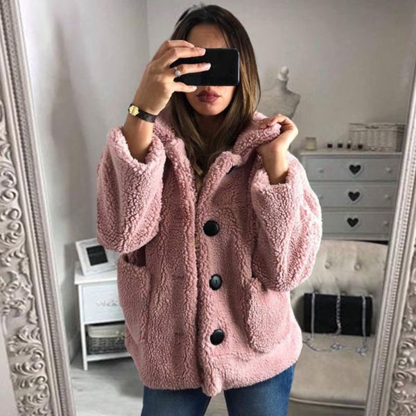 

women winter warm plush temperament loose button coat solid color long sleeve lapel versatile outwear coats, Black
