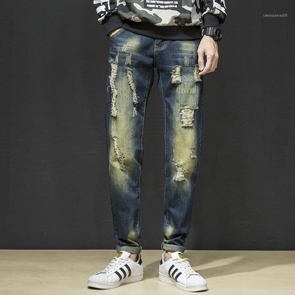 

одежда хип-хоп повседневная одежда мужские ретро новые дизайнерские джинсы отверстие мода стиль кнопка молния синий homme, Blue