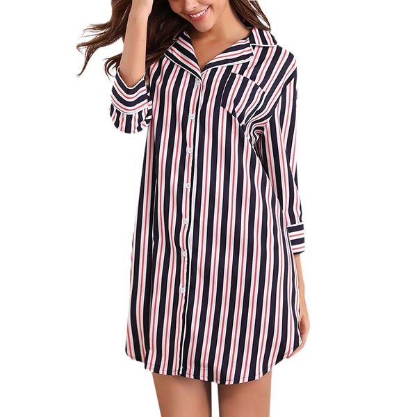 

2019 spring summer new women's boyfriend sleep shirt dress striped button down cotton nightgown women ventilation, Black;red