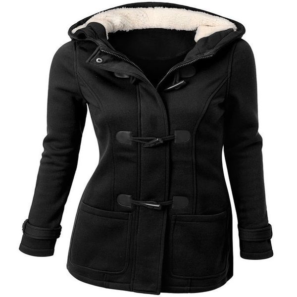 

women winter warm hat cotton coat classic horn buckle loose jacket cotton-padded clothes female slim long hooded overcoat, Black