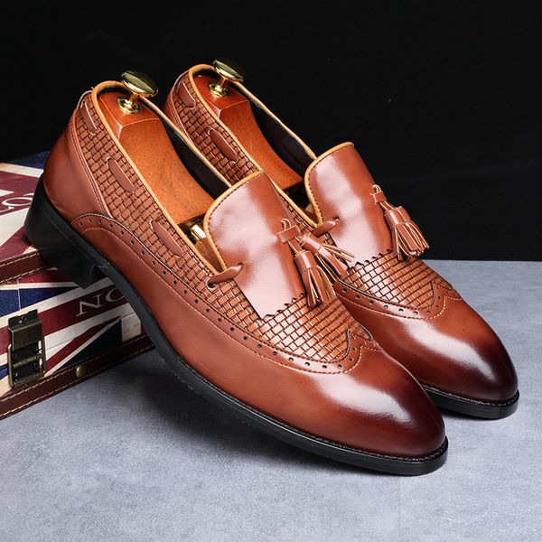 

2019 fall new british fashion men's leather shoes tassel square solid color leather shoes, Black