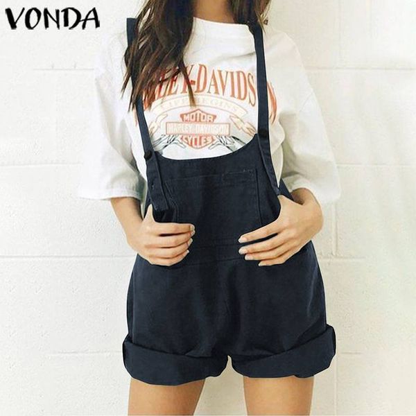 

women short rompers 2020 vonda summer casual loose solid color playsuits loose pantalon plus size short pants femme overalls, Black;white