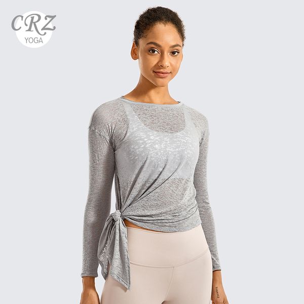 

crz йоге женские burnout с длинным рукавом хлопок casual tees side щелевые йога tops, White;red