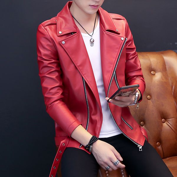 

2018 new teenage leather clothing male non-mainstream oblique zipper turn-down collar jacket long-sleeve slim outerwear, Black