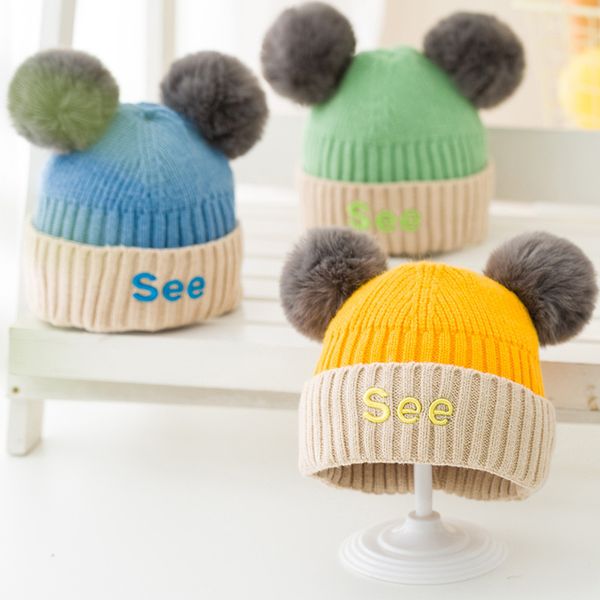

new autumn winter baby kids knitted hat cute wool ball letters crochet hat children beanies warm hats m217, Yellow
