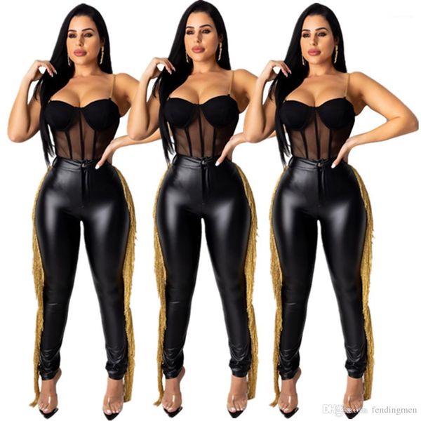 

дизайнерские брюки мода кисточкой средней талией узкие брюки женские вечерние и клубные брюки искусственная кожа женские, Black;white