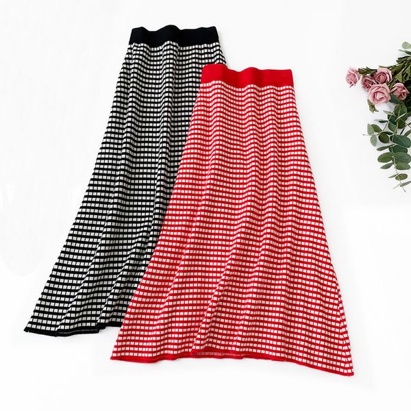 

vintage plaid skirt autumn winter knitting skirts women 2019 new fashion elegant bottoming a-line skirt for women faldas saias, Black