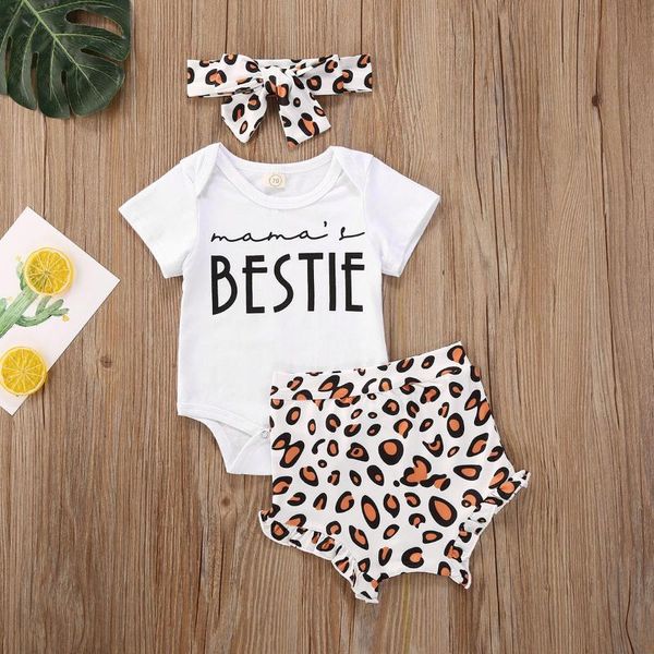 

3pcs baby girl boy short sleeve romper leopard shorts casual toddler suit, White