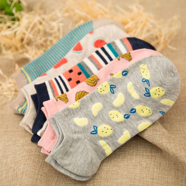 

5 pairs new summer women ctue fruits banana casual ankle cotton socks boat sock slippers harajuku eur35-40, Black;white