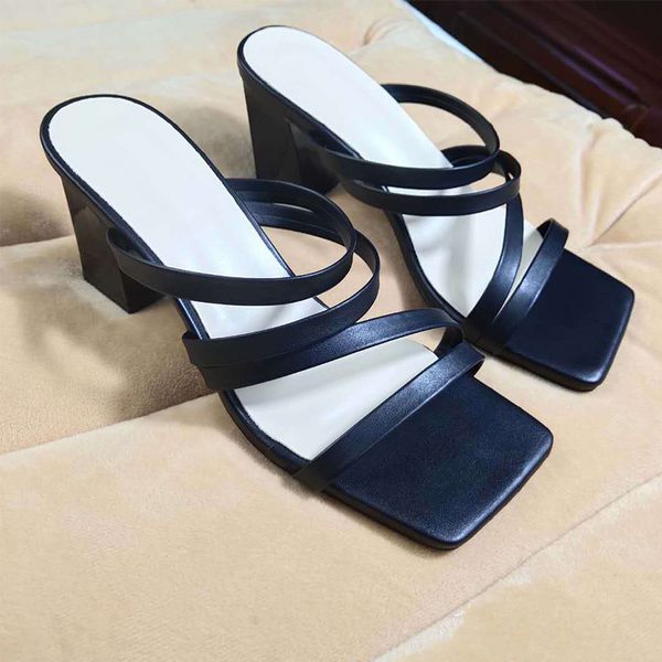 

slippers 2021 summer women fashion square high heel females on flip flop elegant lady slides sandal open toe outdoor shoe, Black