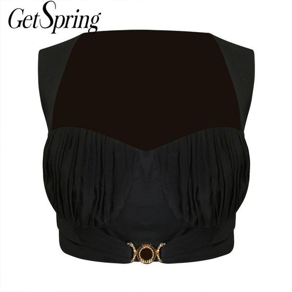

getspring women tank square neck low chest pleated metal button sleeveless crop short camisole black halter new, White