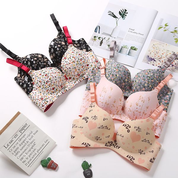 

women floral push up seamless bra lingerie flower print gathered bras one-piece underwear, Red;black