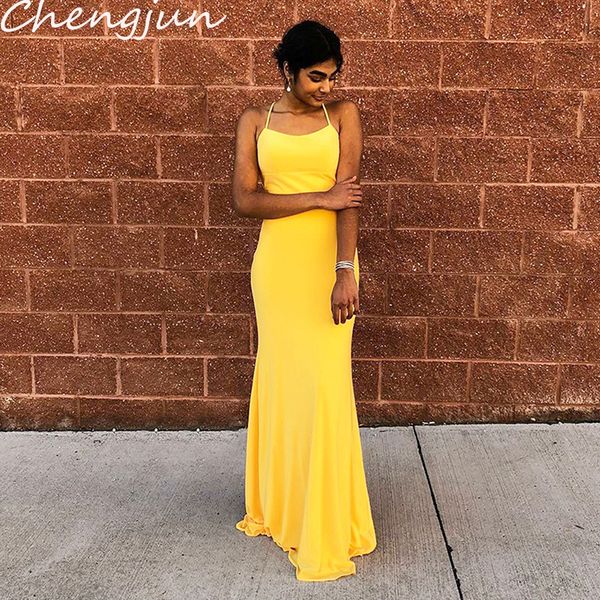 

chengjun bare back halter simple yellow long african evening dresses, White;black