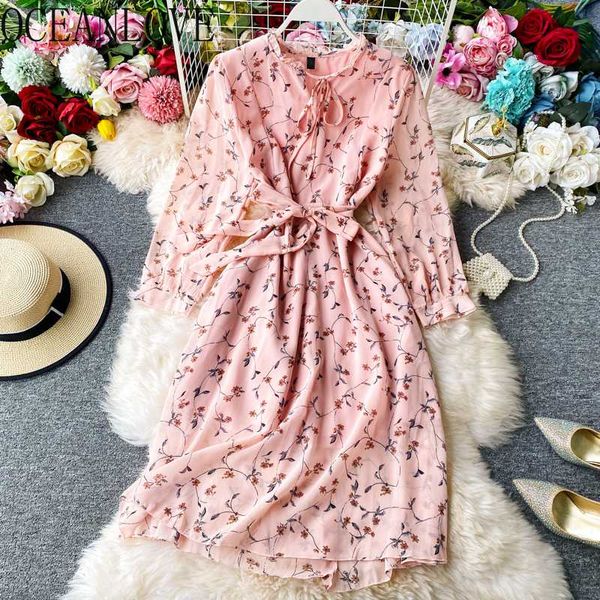 

oceanlove bandage chiffon women dress bow elegant floral spring vestidos 2020 korean elegant long dresses high waist 16397, Black;gray