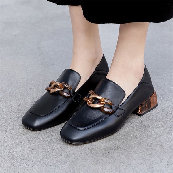 

meotina high heels women pumps natural genuine leather thick heel loafers shoes real leather square toe shoes ladies size 33-40 t10, Black
