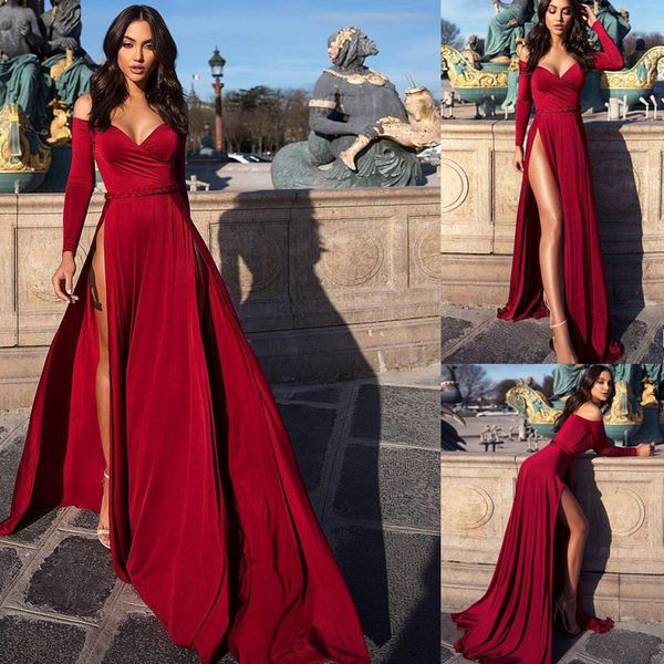 

burgundy a line evening dress 2019 off shoulder long sleeves formal party prom dresses high slit pageant gowns custom made, Black;red