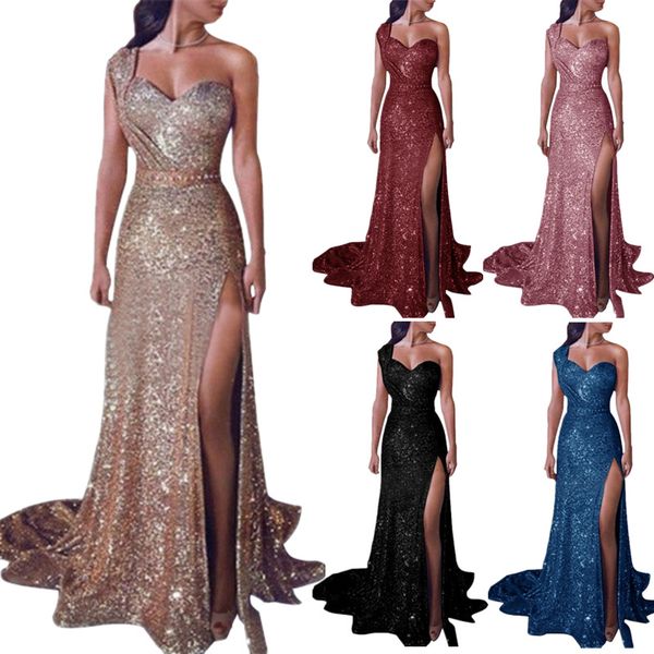 

plus size s-5xl women's off one shoulder gold stamp dress female split skirt dress 6 colors long maxi party dress, White;black