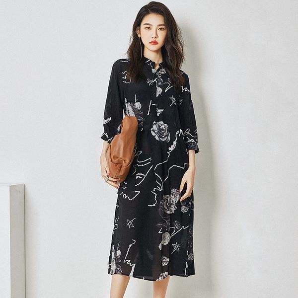 

rongtai] british rose printed silk dress 2020 весна и лето темперамент сплит стиль зашнуровать шелк женский, Black;gray