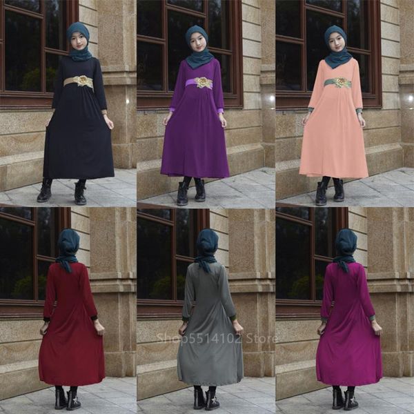 

muslim traditional clothing abaya dress for baby girls kids islamic dubai elegant lace flower applique belt hijab dress kaftan, Red