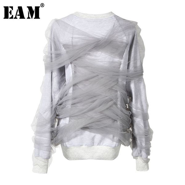 

eam] 2020 новая весна вокруг шеи длинным рукавом серая сетка around split joint сыпучие толстовка женщин мода tide jg893, Black