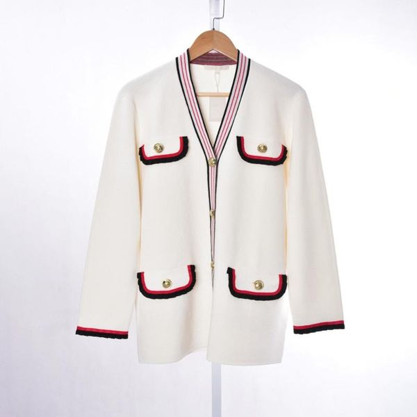

women knitted cardigan 2019 new long sleeve v neck single breasted patchwork casual coat, White