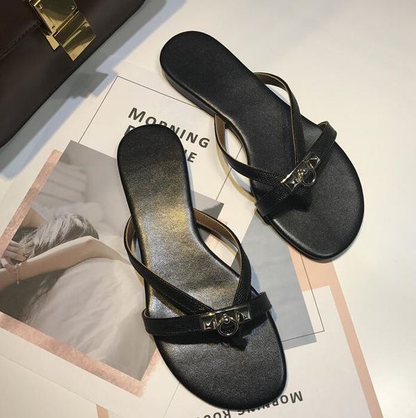 

2019 fashion summer design multi-colors metal decoration open toe women slippers flat outside casual beach flip flops women, Black